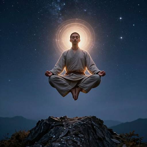 Photograph of a meditating man in a white robe, floating above a rock under a starry night sky, with a glowing halo around his head