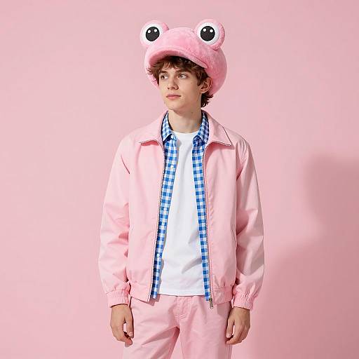 Young man in pink toad hat and casual outfit