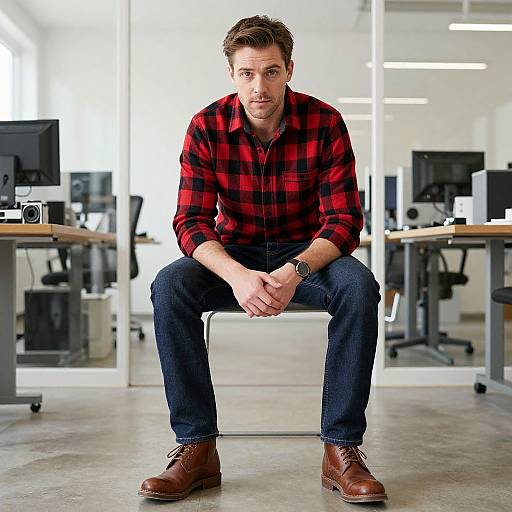 Photograph of a serious, bearded man in a red plaid shirt, blue jeans, and brown boots, sitting in a modern, brightly lit