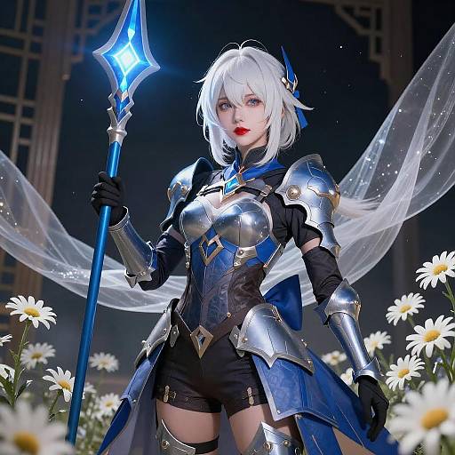 White-Haired Anime Warrior with Staff