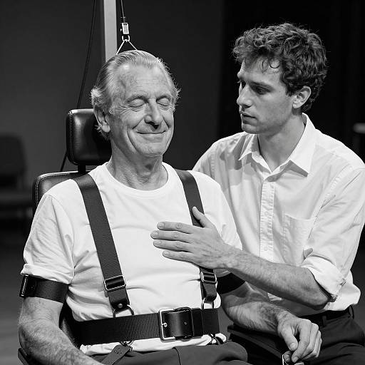 Older Man Strapped to Chair with Technician in Black and White