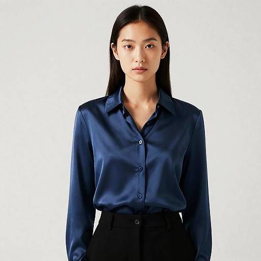 Woman in Silk Button Shirt Pose