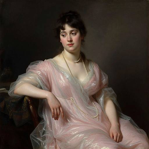 Photorealistic painting of a pale-skinned woman with dark hair, wearing a translucent pink gown with gold chains, seated against a dark background.