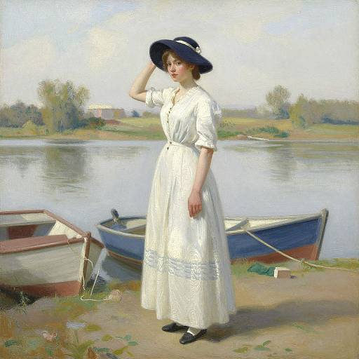 Oil painting of a fair-skinned woman in a white Victorian dress and black hat, standing by a calm river with two boats.