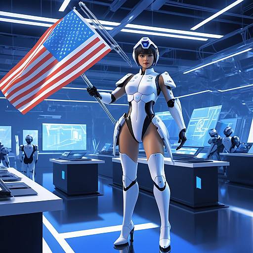 Female Cyborg Holding American Flag in Futuristic Lab