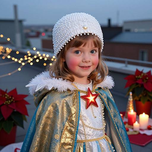 Photograph of a young girl with fair skin, brown hair, wearing a white pearl hat, gold and blue winter cloak, red star, standing on