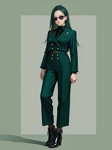 Chic Business Woman in Dark Green Outfit