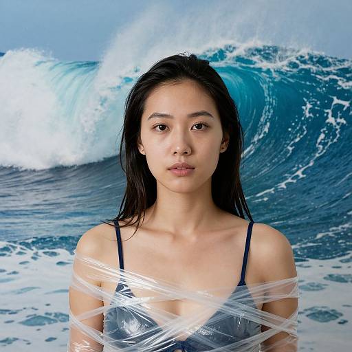 Photograph of an Asian woman with long black hair, wearing a wet, transparent top, standing in front of a massive ocean wave. White tape crosses