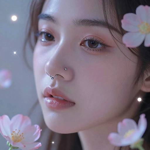 Close-up photograph of an Asian woman with fair skin, dark brown eyes, and pinkish lips, adorned with a nose ring and cherry blossoms,