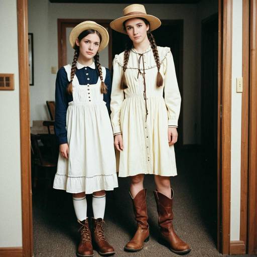 Two Girls in Vintage Prairie Dresses and Hats