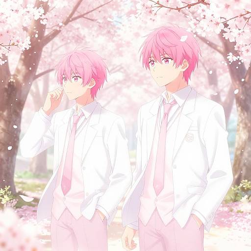 Digital anime-style drawing of two pink-haired boys in white shirts standing under blooming cherry blossoms, one touching his cheek.