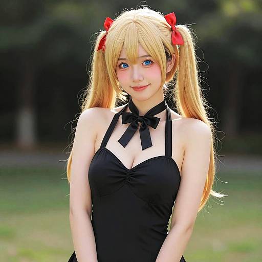 Blonde Twintails in Red Bow Swimsuit