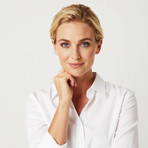 Photograph of a blonde woman with blue eyes, wearing a white button-down shirt, smiling softly, resting her chin on her hand against a plain white