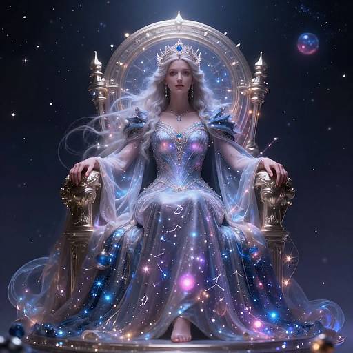 Digital artwork of a regal, ethereal woman with long white hair, wearing a star-studded, celestial gown, seated on a glowing throne,