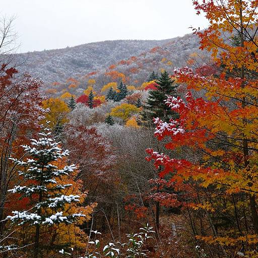 Photograph of a colorful autumn forest with red, orange, yellow leaves, and snow-dusted trees, set against a misty, mountainous background