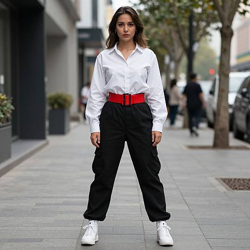Photograph of a young woman with medium-length brown hair, wearing a white button-up shirt, black high-waisted pants, red belt, and