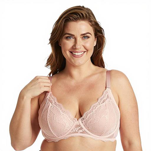 Smiling Woman in Pale Pink Lace Bra