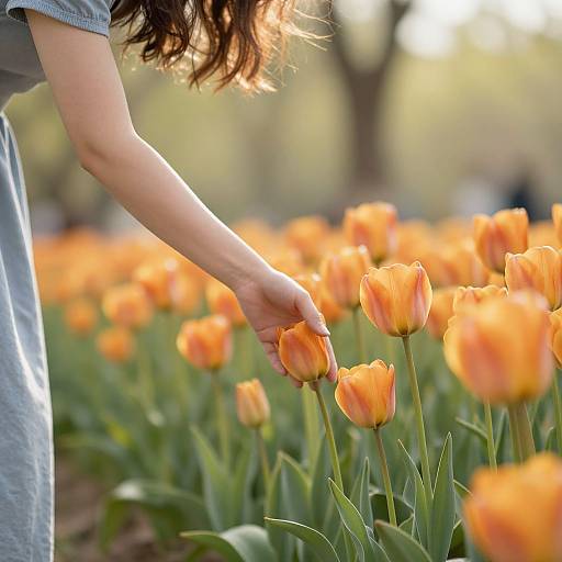 Photograph of a person with long brown hair, wearing a gray shirt, gently touching vibrant orange tulips in a sunlit garden.