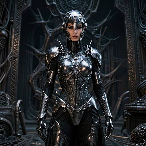 CGI image of a fierce, armored woman in shiny black futuristic armor with a helmet, standing in a dark, intricately detailed, sci-fi forest