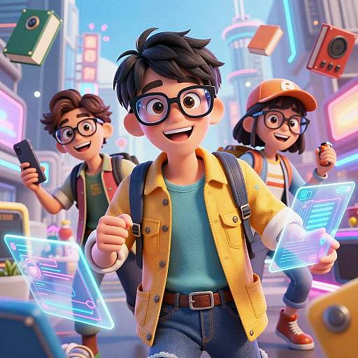 CGI image of three excited, nerdy teenagers with glasses, neon signs, and glowing tablets in a vibrant, futuristic city street.