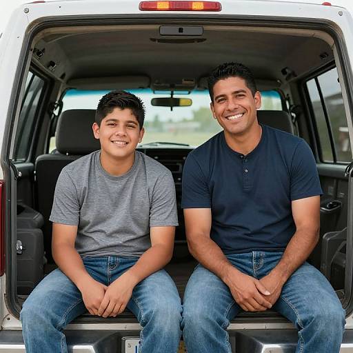 Hispanic Father and Son in Truck