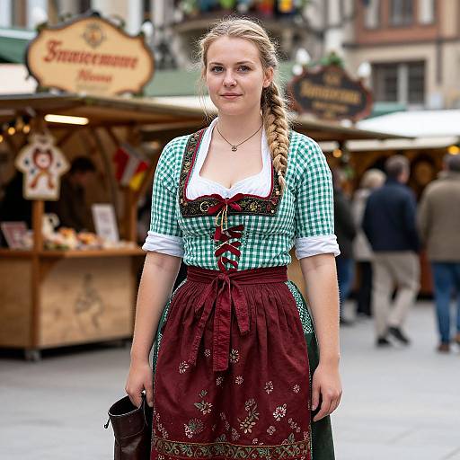 Photograph of a young Caucasian woman with blonde hair in a braid, wearing a green-checkered dirndl with a maroon apron, standing