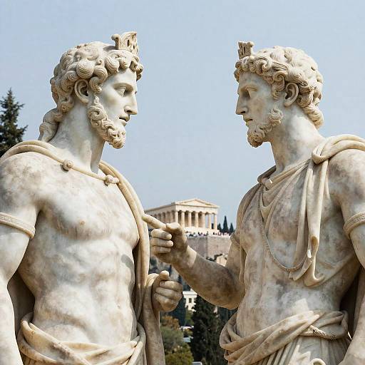 Photograph of two classical marble statues of bearded, muscular men with detailed hair, facing each other, against a clear blue sky and ancient building background