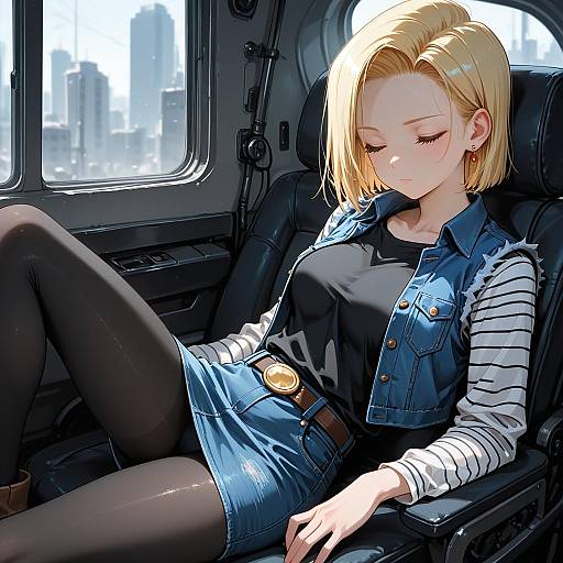 Anime Style Blonde Woman Relaxing in Car Seat