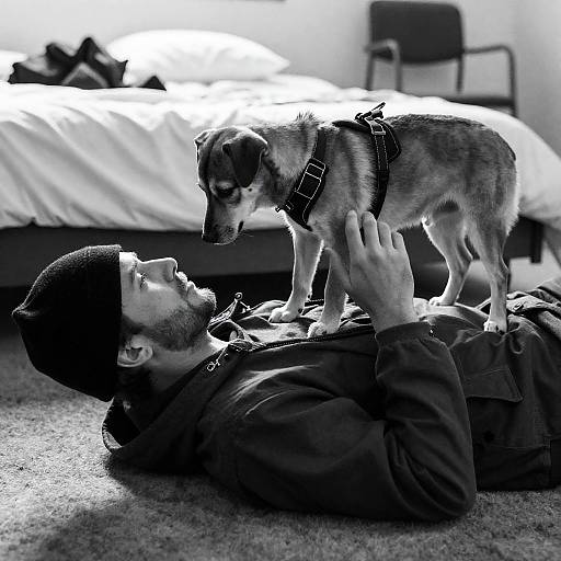 Intimate Black and White Man-Dog Moment