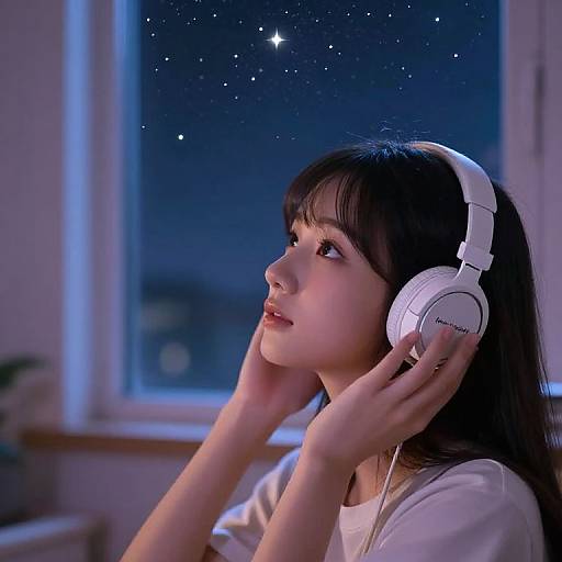 Photograph of an Asian woman with long black hair, wearing white headphones, gazing upward at a starry night sky through a window.