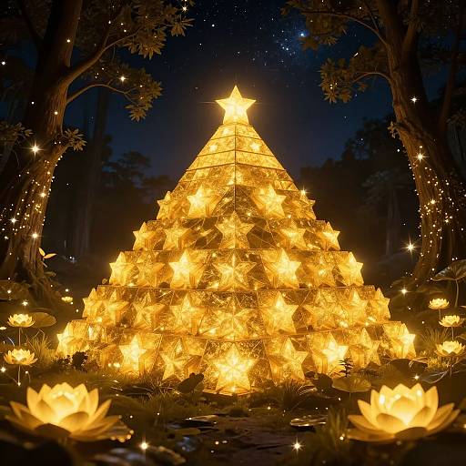 Mystical Golden Star Pyramid Night