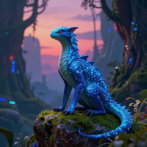 Digital artwork of a glowing blue, spiky-scaled dragon with bioluminescent patterns, sitting on a moss-covered rock in a mystical forest at