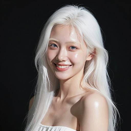 Photorealistic CGI portrait of a smiling young woman with long, white hair, blue eyes, and fair skin, wearing a strapless white top,