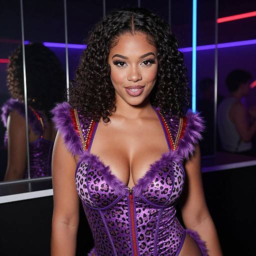 Confident Woman in Purple Leopard Costume