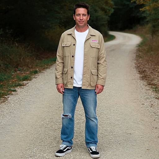 Photograph of a smiling man with short dark hair, wearing a beige jacket, white t-shirt, blue jeans, and black sneakers, standing on a