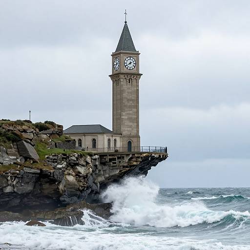 Photograph of a tall, stone clock tower perched on a rocky cliff, with crashing ocean waves below and overcast sky.