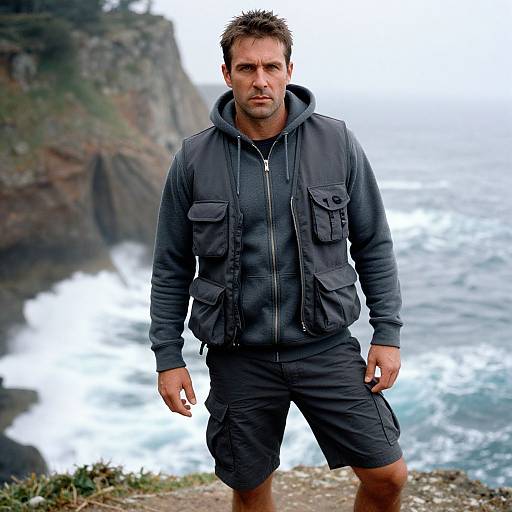 Photograph of a rugged, bearded man in dark gray jacket and shorts standing on a rocky cliff overlooking a stormy ocean.