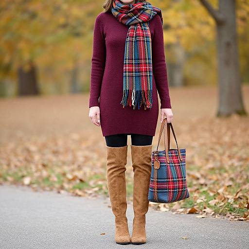 Photograph of a woman in a maroon sweater dress, plaid scarf, brown boots, and matching plaid bag, standing on a leafy
