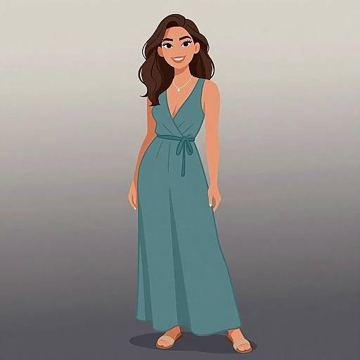 Digital illustration of a smiling woman with long brown hair, wearing a blue V-neck jumpsuit, tied at the waist, and beige sandals, standing against