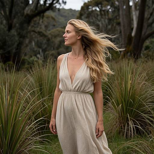 Photograph of a blonde woman with flowing hair in a sleeveless, deep V-neck, beige dress, standing in a grassy, forested area