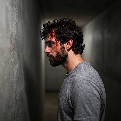 Injured Man with Blood on Face in Narrow Concrete Hallway