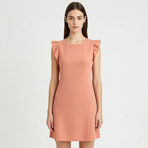 Photograph of a young woman with fair skin and straight black hair, wearing a sleeveless, peach-colored dress with shoulder ruffles, standing against a