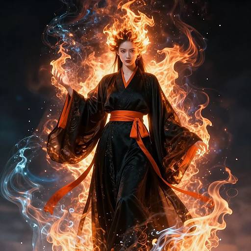 Digital artwork of a fierce woman in a black kimono, surrounded by vivid orange and blue flames, with a red sash.