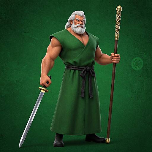 Elderly Warrior with Sword and Staff