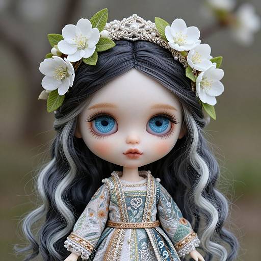 Photograph of a detailed doll with large blue eyes, long wavy black and white hair, wearing a floral crown, and a patterned green dress