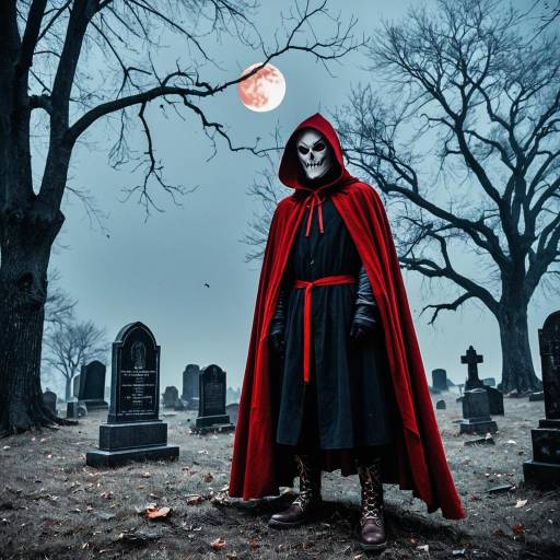 Grim Reaper in Red Cloak at Cemetery