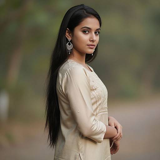 Photograph of a young Indian woman with long black hair, wearing a beige embroidered top and ornate earrings, standing outdoors with a blurred green forest background