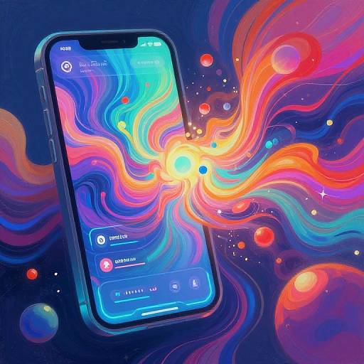 Digital artwork of a smartphone with a vibrant, swirling cosmic interface featuring colorful waves, glowing orbs, and stars against a dark background.