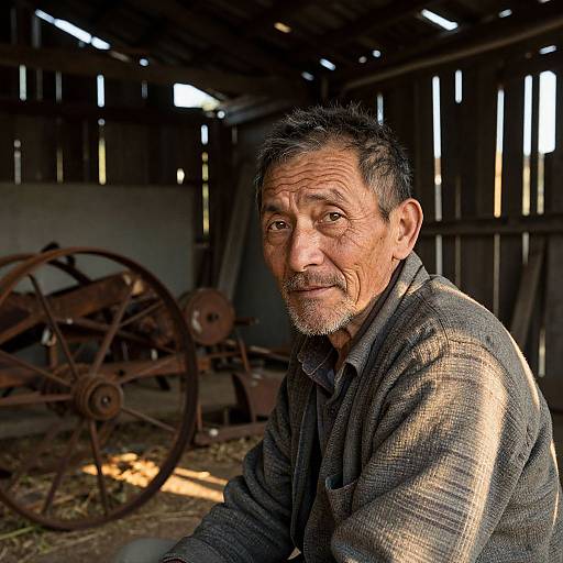 Photograph of an elderly Asian man with graying hair and beard, wearing a textured gray shirt, sitting in a dimly lit barn with sunlight streaming