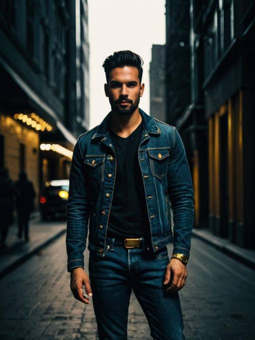 Man in Stylish Jeans Jacket on City Street